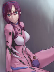 Rule 34 | 00s, 1girl, :o, against wall, between legs, blue eyes, bodysuit, breasts, evangelion: 2.0 you can (not) advance, from side, glasses, gloves, green eyes, hair over shoulder, hairu, hand between legs, large breasts, long hair, looking at viewer, low twintails, makinami mari illustrious, neon genesis evangelion, open mouth, parted bangs, pilot suit, plugsuit, purple hair, rebuild of evangelion, red-framed eyewear, sitting, solo, turtleneck, twintails