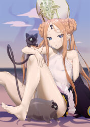 Rule 34 | 1girl, abigail williams (fate), abigail williams (swimsuit foreigner) (fate), abigail williams (swimsuit foreigner) (second ascension) (fate), bare shoulders, barefoot, beach, black bow, black cat, blonde hair, blue eyes, blue sky, blush, bow, braid, braided bun, breasts, cat, double bun, dress swimsuit, fate/grand order, fate (series), forehead, hair bun, hat, highres, keyhole, long hair, looking at viewer, mitre, one-piece swimsuit, orange bow, parted bangs, shore, sidelocks, sitting, sky, small breasts, swimsuit, thighs, twintails, very long hair, white hat, white one-piece swimsuit, yinsan usaki