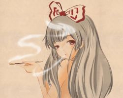 Rule 34 | 1girl, face, female focus, fujiwara no mokou, kasu (bibuta), kiseru, long hair, simple background, smoke, smoking, smoking pipe, solo, touhou