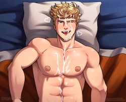 Rule 34 | 1boy, abs, after pecjob, bara, bed, blonde hair, cum, cum on body, cum on male, facial, granblue fantasy, highres, large pectorals, lying, male focus, muscular, muscular male, navel, nipples, nude, on back, on bed, pectorals, pillow, short hair, smile, solo, soupyeel, tongue, tongue out, twitter username, vane (granblue fantasy)