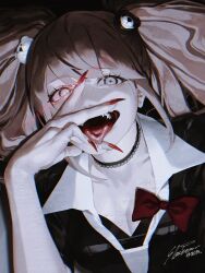 Rule 34 | 1girl, bear hair ornament, black background, black bra, black choker, black jacket, black sleeves, blonde hair, blue eyes, bow, bowtie, bra, breasts, chinese commentary, choker, cleavage, collarbone, collared shirt, commentary request, crazy smile, danganronpa: trigger happy havoc, danganronpa (series), drooling, enoshima junko, eyelashes, fingernails, glowing, glowing eye, hair ornament, hand on own face, highres, jacket, k041800, lace-trimmed choker, lace trim, layered sleeves, long hair, looking at viewer, medium breasts, nail polish, necktie, open mouth, red bow, red bowtie, red nails, saliva, sharp fingernails, sharp teeth, shirt, short sleeves, simple background, smile, solo, teeth, tongue, twintails, underwear, upper body, upper teeth only, white necktie, white shirt
