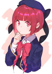 Rule 34 | 1girl, arima kana, beret, black bow, black sweater vest, blue hat, blue jacket, blunt bangs, bob cut, bow, bowtie, closed mouth, collared shirt, cropped torso, dress shirt, fifuth, hat, hat bow, jacket, long sleeves, looking at viewer, open clothes, open jacket, oshi no ko, red bow, red bowtie, red eyes, red hair, school uniform, shirt, short hair, sidelocks, solo, sweater vest, upper body, white background, white shirt, youtou high school uniform