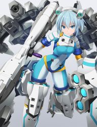 Rule 34 | 1girl, alice gear aegis, blue eyes, blue hair, bodysuit, breasts, closed mouth, hair between eyes, headgear, highres, holding, holding weapon, looking at viewer, m1 bazooka, mecha, mecha musume, nina kalinina, robot, rocket launcher, simple background, solo, weapon, zb (dawn-blue)