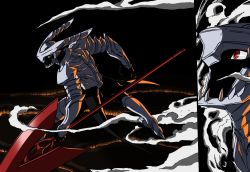 Rule 34 | 10s, 1boy, akame ga kill!, armor, faulds, helmet, highres, male focus, mask, power suit, red eyes, solo, tatsumi (akame ga kill!), weapon