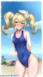 Rule 34 | 1girl, 3d background, absurdres, alternate costume, arms behind back, barbara (genshin impact), barbara (summertime sparkle) (genshin impact), beach, blonde hair, blue eyes, blue one-piece swimsuit, blue sky, blurry, blush, choker, collarbone, commentary, depth of field, detached sleeves, drill hair, english commentary, genshin impact, gluteal fold, hair between eyes, hair ornament, hat, highleg, highres, kamilisme, leaning forward, long hair, long sleeves, looking at viewer, one-piece swimsuit, sidelocks, sky, solo, swimsuit, twin drills, twintails