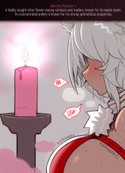 Rule 34 | 1girl, animal ears, blush, breasts, candle, commentary, dark-skinned female, dark skin, ehrrr, english commentary, english text, highres, inubashiri momiji, large breasts, paid reward available, sideboob, solo, sweat, touhou, white hair, wolf ears