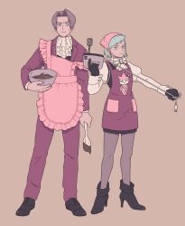 Rule 34 | 1boy, 1girl, 23011620x, ace attorney, apron, ascot, black footwear, black gloves, black skirt, blue badger, blue eyes, blue hair, boots, bowl, cable, chocolate, closed mouth, collared shirt, earrings, formal, franziska von karma, full body, gloves, grey eyes, grey hair, grey pantyhose, hair intakes, high heel boots, high heels, highres, holding, holding bowl, holding cable, holding spatula, jacket, jewelry, juliet sleeves, long sleeves, miles edgeworth, mixer (cooking), mole, mole under eye, pants, pantyhose, pink apron, puffy sleeves, red apron, red jacket, red pants, red suit, shirt, shoes, short hair, simple background, skirt, spatula, standing, suit, sweatdrop, valentine, white shirt