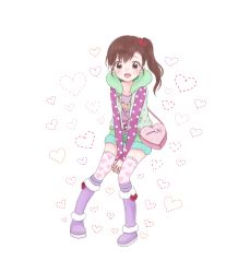 Rule 34 | 1girl, :d, bag, bear (oogoma), brown eyes, brown hair, food, food-themed hair ornament, food-themed ornament, fruit, futami mami, hair ornament, heart, heart print, idolmaster, idolmaster (classic), open mouth, patterned legwear, polka dot, print thighhighs, side ponytail, smile, solo, strawberry, strawberry hair ornament, thighhighs