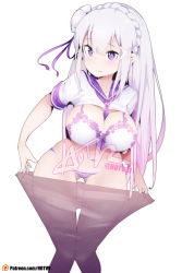 Rule 34 | 1girl, between breasts, blunt bangs, braid, breasts, clothes pull, embarrassed, emilia (re:zero), flower, french braid, hair flower, hair ornament, hair ribbon, highres, hot vr, light purple hair, long hair, low-tied long hair, medium breasts, necktie, necktie between breasts, panties, pantyhose, purple eyes, purple ribbon, re:zero kara hajimeru isekai seikatsu, ribbon, school uniform, signature, simple background, solo, striped clothes, striped panties, thighs, underwear, undressing, unworn pantyhose, white background, x hair ornament