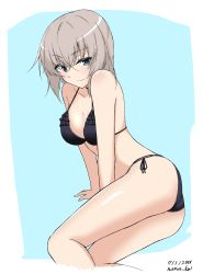 Rule 34 | 1girl, arm support, ass, bikini, black bikini, blue background, blue eyes, blush, breasts, cleavage, closed mouth, commentary, cropped legs, dated, frilled bikini, frills, frown, girls und panzer, highres, itsumi erika, legs, long hair, looking at viewer, looking back, lying, medieval, nama kn, on side, one-hour drawing challenge, outside border, side-tie bikini bottom, silver hair, solo, string bikini, swimsuit, twitter username