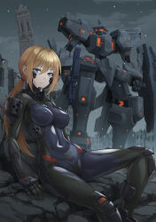 Rule 34 | 1girl, armored bodysuit, assault rifle, black bodysuit, blonde hair, blue eyes, bodysuit, breasts, commentary request, covered erect nipples, covered navel, fortified suit, gun, headgear, highres, impossible bodysuit, impossible clothes, kurione (zassou), looking at viewer, low ponytail, mecha, medium breasts, muv-luv, muv-luv alternative, night, original, rifle, robot, rubble, ruins, schwarzesmarken, serious, shield, shiny clothes, sitting, sky, solo, star (sky), starry sky, weapon