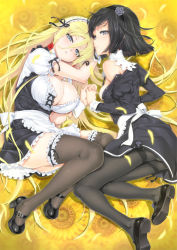 Rule 34 | 2girls, alice (bishoujo mangekyou), apron, bishoujo mangekyou, bishoujo mangekyou: kami ga tsukuritamouta shoujo-tachi, bishoujo mangekyou (series), black hair, black legwear, blonde hair, blue eyes, breasts, cleavage, come hither, dorothy (bishoujo mangekyou), flower, frilled legwear, hairband, happoubi jin, holding hands, large breasts, long hair, looking at viewer, lying, maid, maid apron, maid headdress, mary janes, multiple girls, open clothes, panties, panties under pantyhose, pantyhose, shoes, short hair, small breasts, sunflower, thighband pantyhose, thighhighs, underwear, waist apron, zettai ryouiki