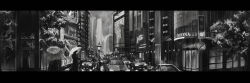 Rule 34 | absurdres, building, cameo, car, character name, chinese commentary, city, cityscape, commentary request, from behind, glint, greyscale, highres, holding, holding umbrella, jacket, koko (drawsnow), lamppost, letterboxed, monochrome, motor vehicle, outdoors, persona, persona 5, power lines, rain, raincoat, road, scenery, sign, skyscraper, tree, umbrella, window