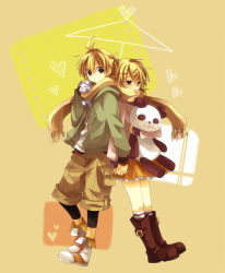 Rule 34 | 1boy, 1girl, anzu (o6v6o), back-to-back, blonde hair, boots, brother and sister, casual, hair ornament, hairclip, heart, hetero, holding hands, kagamine len, kagamine rin, hugging object, panda, scarf, shared clothes, shared scarf, short hair, siblings, standing, stuffed animal, stuffed panda, stuffed toy, suki kirai (vocaloid), twins, vocaloid