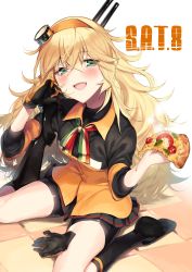 Rule 34 | 1girl, absurdres, black footwear, black gloves, black socks, blonde hair, blush, character name, collar, commentary request, eyes visible through hair, fabarm sat-8, fang, food, girls&#039; frontline, gloves, green eyes, gun, hair between eyes, hair ornament, hairband, headband, highres, holding, holding food, holding pizza, italian flag, italy, jacket, kneehighs, kyo, long hair, looking at viewer, messy hair, open mouth, orange headband, pizza, s.a.t.8 (girls&#039; frontline), semi-automatic firearm, semi-automatic shotgun, shorts, shotgun, simple background, single glove, sitting, skirt, smile, socks, solo, unworn gloves, very long hair, weapon, white background