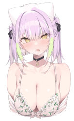 Rule 34 | 1girl, absurdres, black choker, blonde girl (cloba), bra, breasts, choker, cleavage, cloba, collarbone, commentary request, floral print, heavy breathing, highres, large breasts, looking at viewer, open mouth, original, pink hair, print bra, short hair, simple background, solo, twintails, underwear, upper body, white background, white bra, yellow eyes