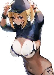 Rule 34 | 1girl, adjusting clothes, adjusting headwear, ahoge, arms up, artoria pendragon (fate), baseball cap, bikini, blonde hair, blue eyes, blue jacket, breasts, cleavage, cropped jacket, fate/grand order, fate (series), hat, highres, inusaka, jacket, large breasts, looking at viewer, mysterious heroine x (fate), mysterious heroine xx (fate), navel, ponytail, side-tie bikini bottom, sidelocks, simple background, solo, stomach, swimsuit, white background, white bikini, zipper