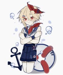 Rule 34 | 1boy, absurdres, anchor, androgynous, blonde hair, blue shirt, blush, braid, bubble, closed mouth, crop top, crossed arms, ensemble stars!, grey background, highres, lifebuoy, looking at viewer, male focus, nailoko, neckerchief, nito nazuna, red eyes, red neckerchief, shirt, short hair, simple background, solo, sparkle, suspenders, swim ring, thighhighs, white shirt, white thighhighs