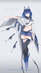 Rule 34 | 1girl, 2a5caa (sarasadou dan), blue hair, blue shorts, breasts, cable, cable tail, cloak, english text, floating, full body, hair between eyes, highres, knife, levitation, looking at viewer, mechanical tail, medium hair, midriff, navel, original, outstretched arm, sarasadou dan, short shorts, shorts, solo, tail, thighhighs, zipper