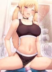 Rule 34 | 1girl, artist name, ball, black choker, black sports bra, blonde hair, blush, breasts, choker, collarbone, ear piercing, exercise ball, female ejaculation, female focus, fingernails, gym, gym uniform, hair ornament, hands on own hips, heavy breathing, highres, hitachi magic wand, kimoshi, kitagawa marin, large breasts, long fingernails, looking at viewer, low twintails, nail polish, navel, navel piercing, one eye closed, open mouth, piercing, pink eyes, pink nails, pussy juice, sex toy, solo, sono bisque doll wa koi wo suru, sports bra, spread legs, steam, thighs, twintails, vibrator, weights