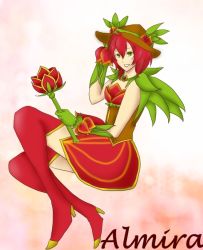 Rule 34 | 10s, boots, cardfight!! vanguard, dress, flower, gloves, green eyes, hat, jewelry, looking at viewer, necklace, neo nectar, red dress, red hair, red rose, rose, short hair, thigh boots, thighhighs, tulip, tulip musketeer almira, wand