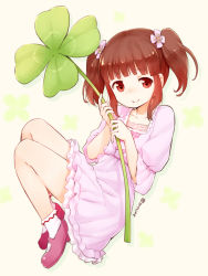 Rule 34 | 10s, 1girl, 2015, blush, brown eyes, brown hair, clover, dated, dress, four-leaf clover, full body, hair ornament, idolmaster, idolmaster cinderella girls, looking at viewer, mary janes, nagian, ogata chieri, shoes, short hair, smile, socks, solo, twintails, white socks