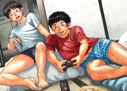 Rule 34 | 2boys, barefoot, bed, blush, body hair, can, feet, food, male focus, multiple boys, playing games, shigeru (shounen zoom), smile, tagme, toes, underwear, video game