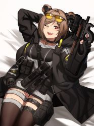 Rule 34 | 1girl, ammunition, black choker, black gloves, black jacket, black thighhighs, breasts, brown hair, buckle, bullet, bullpup, cero (last2stage), choker, commission, double bun, eyewear on head, fn 5.7x28mm, gas mask, girls&#039; frontline, gloves, gun, hair bun, hand on own head, highres, holding, holding gun, holding weapon, horizontal magazine, jacket, looking at viewer, lying, mask, medium hair, on back, one eye closed, open mouth, p90, p90 (girls&#039; frontline), pdw cartridge, personal defense weapon, pixiv commission, red eyes, see-through, smile, snap-fit buckle, solo, submachine gun, thighhighs, translucent, weapon