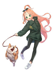 Rule 34 | 1girl, :d, bangs pinned back, black pants, black ribbon, caron (straycat910), commentary request, dog, floating hair, full body, green eyes, green hoodie, hair ribbon, hand up, holding, holding leash, hood, hood down, hoodie, leash, long hair, long sleeves, looking at animal, open mouth, original, pants, pink hair, ribbon, shoes, simple background, sleeves past fingers, sleeves past wrists, smile, solo, very long hair, white background, white footwear
