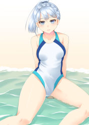 Rule 34 | 1girl, :|, beach, braid, breasts, closed mouth, covered navel, day, gluteal fold, high ponytail, kagami masara, looking at viewer, magia record: mahou shoujo madoka magica gaiden, mahou shoujo madoka magica, medium breasts, one-piece swimsuit, outdoors, sano souichi, short ponytail, grey eyes, silver hair, sitting, solo, swimsuit, water, wet, white one-piece swimsuit