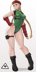 Rule 34 | 1girl, bare shoulders, beret, black footwear, black legwear, blonde hair, blue eyes, boots, braid, breasts, cammy white, closed mouth, commentary, covered navel, donburi (donburikazoku), fingerless gloves, full body, gloves, gradient background, green leotard, grey background, groin, hand on own hip, hat, highleg, highleg leotard, highres, holster, leotard, looking to the side, pouch, red gloves, red hat, scar, scar on face, simple background, solo, standing, street fighter, street fighter v, thigh holster, thigh pouch, thigh strap, thighs, twin braids, white background, wide hips
