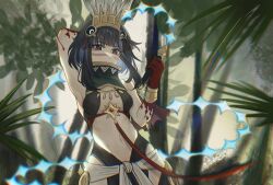 Rule 34 | 1girl, artist request, aztec, black hair, blood, blood on hands, blue hair, breasts, covered mouth, facial mark, fate/grand order, fate (series), feather hair ornament, feathers, hair ornament, highres, holding, holding weapon, holding whip, navel, small breasts, solo, stomach, tenochtitlan (fate), tenochtitlan (first ascension) (fate), weapon, whip