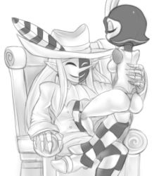 Rule 34 | 1boy, 1girl, ass, bad id, bad tumblr id, bone, chair, checkered pants, clothed male nude female, greyscale, hat, hat feather, instrument, crossed legs, mask, mato spectoru, monochrome, muse (skullgirls), nude, personification, pointy nose, sitting, sitting on lap, sitting on person, skullgirls, taliesin (skullgirls)