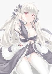 Rule 34 | 1girl, ahoge, alternate legwear, ascot, azur lane, black nails, blush, breasts, bridal gauntlets, choker, cleavage, clothes lift, commentary request, corset, dress, dress lift, feet out of frame, formidable (azur lane), frilled dress, frills, garter straps, gothic lolita, hair ribbon, highres, large breasts, lifting own clothes, lolita fashion, md5 mismatch, nail polish, oyukikeiho, panties, platinum blonde hair, red eyes, resolution mismatch, ribbon, seiza, sitting, skirt, skirt lift, solo, source larger, thighhighs, twintails, two-tone ribbon, underwear, wavy mouth, white panties, white thighhighs