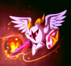 Rule 34 | 1boy, 1other, alternate form, angel wings, black background, bug, butterfly, butterfly wings, galacta knight, gurifon, holding, holding sword, holding weapon, horns, insect, insect wings, kirby: star allies, kirby (series), lance, mask, morpho knight, nintendo, pink eyes, polearm, shoulder pads, simple background, spoilers, sword, weapon, wings
