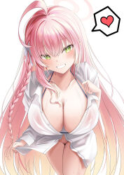 1girl absurdres ahoge bikini bikini_under_clothes blue_archive blush braid breasts cleavage commentary_request green_eyes grin halo hanako_(blue_archive) hanako_(swimsuit)_(blue_archive) heart highres image_in_speech_bubble large_breasts long_hair official_alternate_costume pink_hair pink_halo see-through_clothes shira_jun shirt simple_background single_braid smile solo swimsuit very_long_hair white_background white_shirt