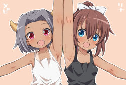 Rule 34 | 2girls, arm up, armpits, bare shoulders, blush, bow, character name, child, copyright request, eyebrows, flat chest, hair between eyes, hair bow, horns, looking at viewer, multiple girls, orange background, pic k, short hair, simple background, strap, sweat, tan, upper body