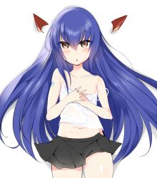 Rule 34 | 1girl, black skirt, blue hair, blush, brown eyes, collarbone, cowboy shot, fairy tail, flat chest, floating hair, from above, groin, hair between eyes, long hair, looking at viewer, lying, midriff, mikagelove, miniskirt, navel, off shoulder, on back, open mouth, pleated skirt, simple background, skirt, solo, spaghetti strap, stomach, tank top, very long hair, wendy marvell, white background, white tank top