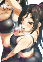 Rule 34 | 1girl, ass, bare shoulders, black hair, black pants, black sports bra, blush, breasts, cleavage, collarbone, cup, green eyes, highres, idolmaster, idolmaster cinderella girls, large breasts, long hair, looking at viewer, looking back, mature female, mm (yoromu), mukai takumi, multiple views, open mouth, pants, parted bangs, ponytail, sports bra, sweat, tight clothes, tight pants, yoga pants