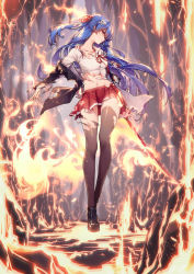 Rule 34 | 1girl, 909089089, black jacket, blue hair, blush, breasts, brown footwear, burnt clothes, collarbone, collared shirt, fire, flaming sword, flaming weapon, floating hair, hair ornament, hair ribbon, hairclip, highres, holding, holding sword, holding weapon, jacket, loafers, long hair, long legs, looking at viewer, medium breasts, midriff, miniskirt, navel, off shoulder, original, pleated skirt, red eyes, red neckwear, red ribbon, red skirt, ribbon, shirt, shoes, sidelocks, skirt, smile, solo, standing, sword, thighhighs, torn clothes, weapon, white shirt, wind