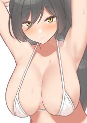 Rule 34 | 1girl, absurdres, alternate costume, armpits, arms up, bikini, blush, breasts, cleavage, collarbone, halterneck, highres, idolmaster, idolmaster shiny colors, j2k, large breasts, light smile, long hair, looking at viewer, microphone, shirase sakuya, simple background, solo, steaming body, string bikini, sweat, swimsuit, upper body, very long hair, white background, white bikini