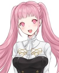 Rule 34 | 1girl, :d, ascot, blush, breasts, commentary request, female focus, fire emblem, fire emblem: three houses, garreg mach monastery uniform, hilda valentine goneril, long hair, long sleeves, looking at viewer, matching hair/eyes, medium breasts, nintendo, open mouth, pink eyes, pink hair, shimizu akina, shirt, simple background, smile, solo, twintails, upper body, white ascot, white background, white shirt