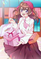 Rule 34 | 1girl, :d, absurdres, ascot, beret, black skirt, blurry, blurry background, box, brown hair, casual, collared shirt, commentary, day, delicious party precure, depth of field, gift, gift bag, gift box, hair ribbon, hat, highres, holding, holding gift, long sleeves, looking at viewer, looking to the side, medium hair, medium skirt, mitsuki tayura, nagomi yui, open mouth, outdoors, pink ascot, pleated skirt, precure, purple eyes, purple hat, purple ribbon, ribbon, shirt, skirt, smile, solo, standing, two side up, white shirt, wing collar