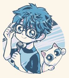 Rule 34 | 1boy, adjusting eyewear, borrowed character, cat, commentary, commentary request, danishi, english commentary, glasses, holding, holding microphone, limited palette, male focus, microphone, mixed-language commentary, original, shirt, smile, t-shirt, two-tone shirt