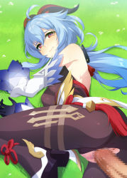Rule 34 | 1boy, 1girl, ahoge, black gloves, black panties, black pantyhose, blue hair, blue sleeves, closed mouth, clothed sex, detached sleeves, ganyu (genshin impact), genshin impact, gloves, hetero, high heels, highres, horns, hypnosis, long hair, looking at viewer, lying, mind control, on grass, on side, outdoors, panties, pantyhose, penis, pov, red eyes, sex, tight clothes, torn clothes, torn pantyhose, underwear, yu-ta