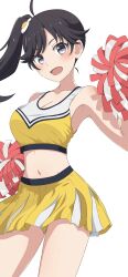 Rule 34 | 1girl, absurdres, ahoge, araragi karen, armpits, bare shoulders, black eyes, black hair, breasts, camui1104, cheerleader, cleavage, commentary, cowboy shot, crop top, egg hair ornament, food-themed hair ornament, hair ornament, hand up, highres, holding, holding pom poms, large breasts, long hair, looking at viewer, midriff, monogatari (series), navel, open mouth, pleated skirt, pom pom (cheerleading), pom poms, shirt, side ponytail, simple background, skirt, sleeveless, sleeveless shirt, smile, solo, standing, white background, yellow skirt
