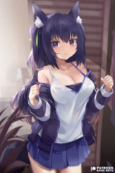Rule 34 | 1girl, animal ear fluff, animal ears, blush, breasts, cleavage, guild cq, hair ribbon, jacket, large breasts, long hair, looking at viewer, mujinbensin, off shoulder, purple eyes, quon tama, ribbon, see-through, see-through shirt, skirt, solo, thighs, virtual youtuber