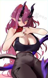Rule 34 | 1girl, absurdres, alternate costume, arknights, ascalon (arknights), bare arms, bare shoulders, black eyes, black pants, black sports bra, breasts, cleavage, closed mouth, commentary, demon girl, demon horns, demon tail, fingernails, hair between eyes, highres, horns, large breasts, long hair, looking at viewer, midriff, nail polish, naxius noxy, pants, pink nails, pointy ears, red hair, simple background, solo, sports bra, stomach, tail, very long hair, white background