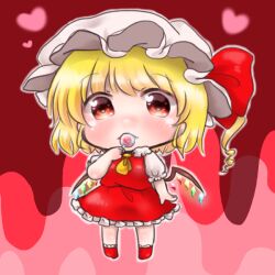 Rule 34 | 1girl, ascot, blonde hair, candy, chibi, flandre scarlet, food, full body, hat, heart, holding, holding candy, holding food, holding lollipop, lollipop, looking at viewer, medium hair, mob cap, multicolored wings, one side up, pink background, puffy short sleeves, puffy sleeves, red background, red eyes, red skirt, red vest, sacchan happy, shirt, short sleeves, simple background, skirt, solo, touhou, vest, white hat, white shirt, wings, yellow ascot