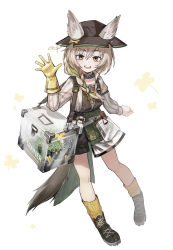 Rule 34 | 1girl, :d, absurdres, animal ears, arknights, beanstalk (arknights), bilibilida, black collar, black footwear, black headwear, black shorts, braid, brown hair, cage, carrying, chinese commentary, collar, commentary request, ears through headwear, full body, gloves, green hair, hair between eyes, highres, hyena ears, hyena girl, hyena tail, infection monitor (arknights), looking at viewer, metal crab (arknights), multicolored hair, open mouth, overalls, shirt, shoes, shorts, shoulder carry, simple background, single glove, smile, socks, streaked hair, teeth, white background, white shirt, yellow eyes, yellow gloves, yellow socks